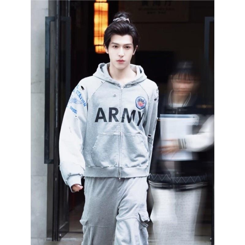 Mens Distressed Patchwork Graphic Hoodie With Zipper Front Cotton Blend Casual Streetwear Sweatshirt Fall