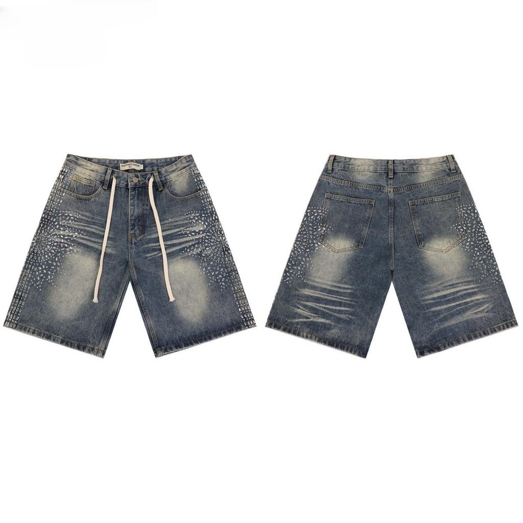 LUXEONDenim Shorts Mens Women with Stunning Rhinestone Sunburst Design High Quality Casual Summer Shorts