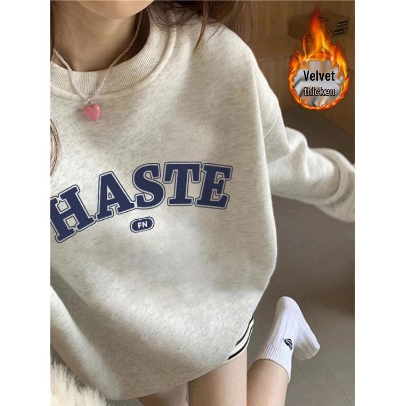 Women's Fleece-Lined Sweatshirt: Cartoon Cat, White & Gray, Long Sleeve, Round Neck, Autumn/Winter 2025 Style