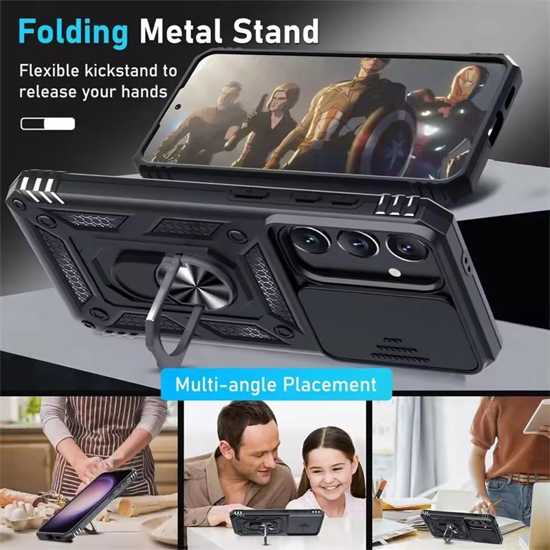 Military Armor Camera Slide Case For Samsung A57 A37 A17 A56 A16 A36 A26 A35 A15 A55 A53 A54 A14 Magnetic Ring Stand Phone Cover