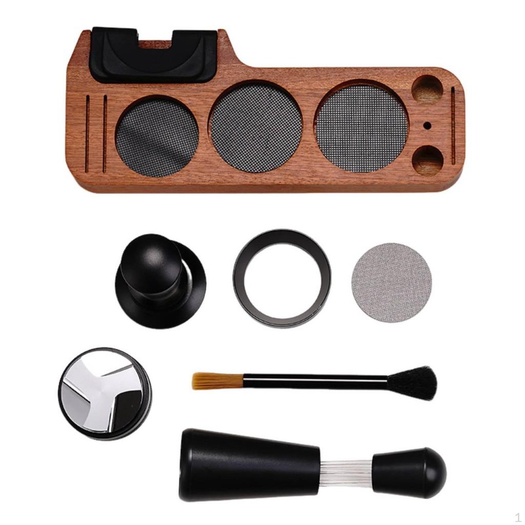 7 Pieces Espresso Organizer with Tools Wooden Coffee Tool Storage Board Matte Black Tamper Holder