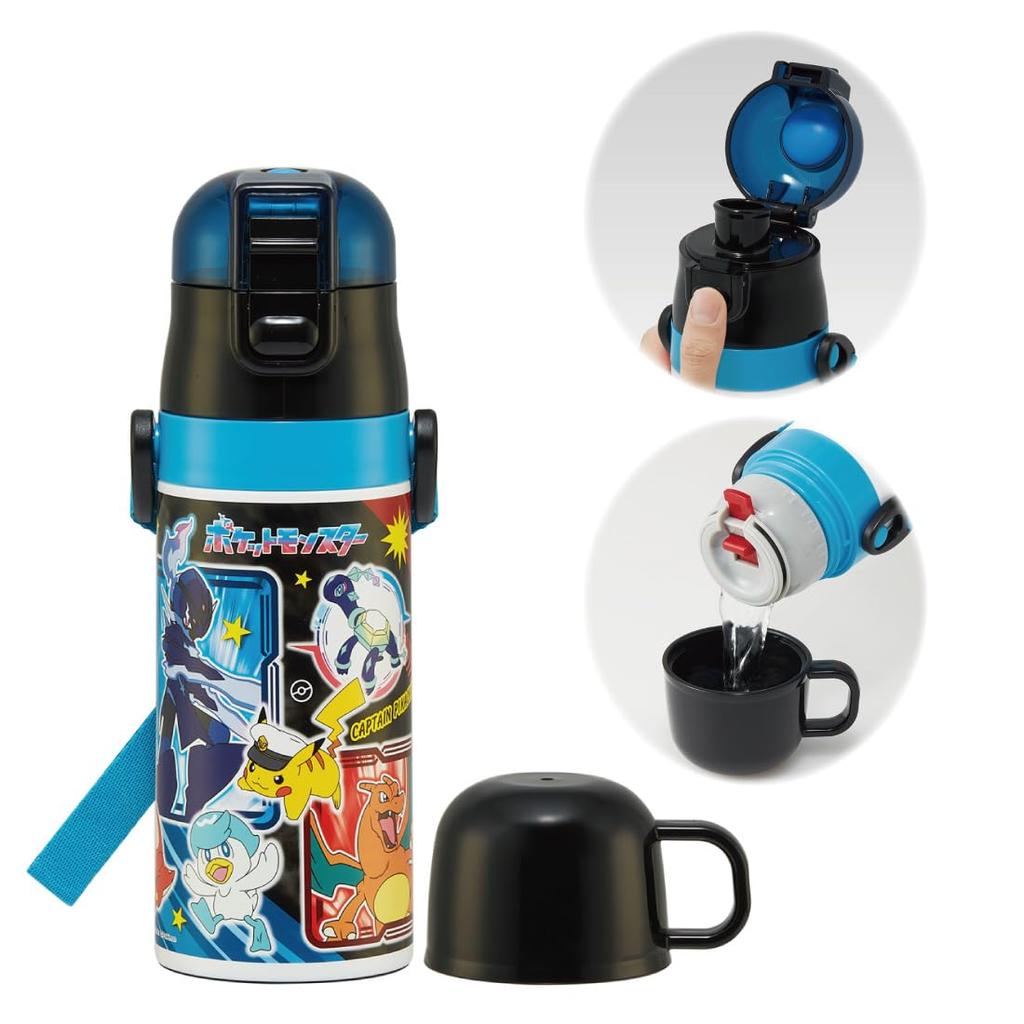 Pokémon SKDC3 Skater 24 Stainless Steel Water Bottle, Ultra-Lightweight, 2-Way, Direct Drinking, with Cup, Pokémon Character Water Bottle