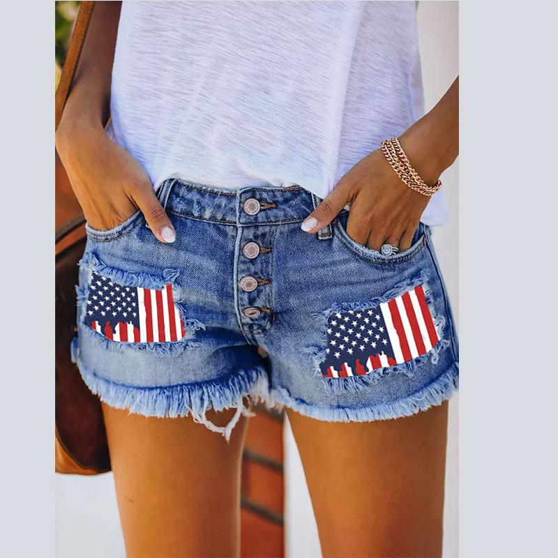 2026 European and American spring and summer casual hole-printed fringed denim straight shorts for women S