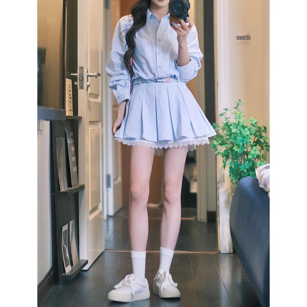 Slimming Petite Lace Trim Striped Skirt - Women's Autumn Anti-Exposure Short Skirt