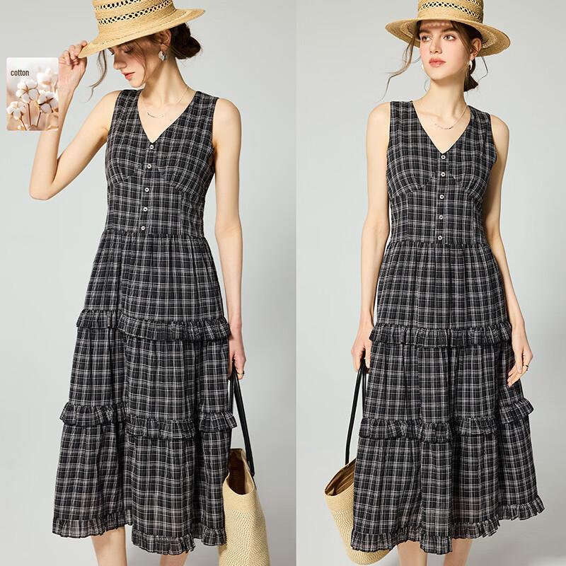 Women s Cotton Blend V-Neck Plaid Sleeveless Dress XL