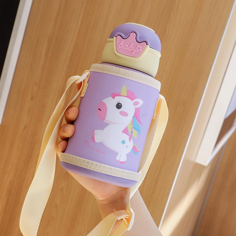 Kids' Outdoor Thermos Cup - Deer Antler Design, Straw & Smart Lid, Stainless Steel, Cartoon Style with Strap