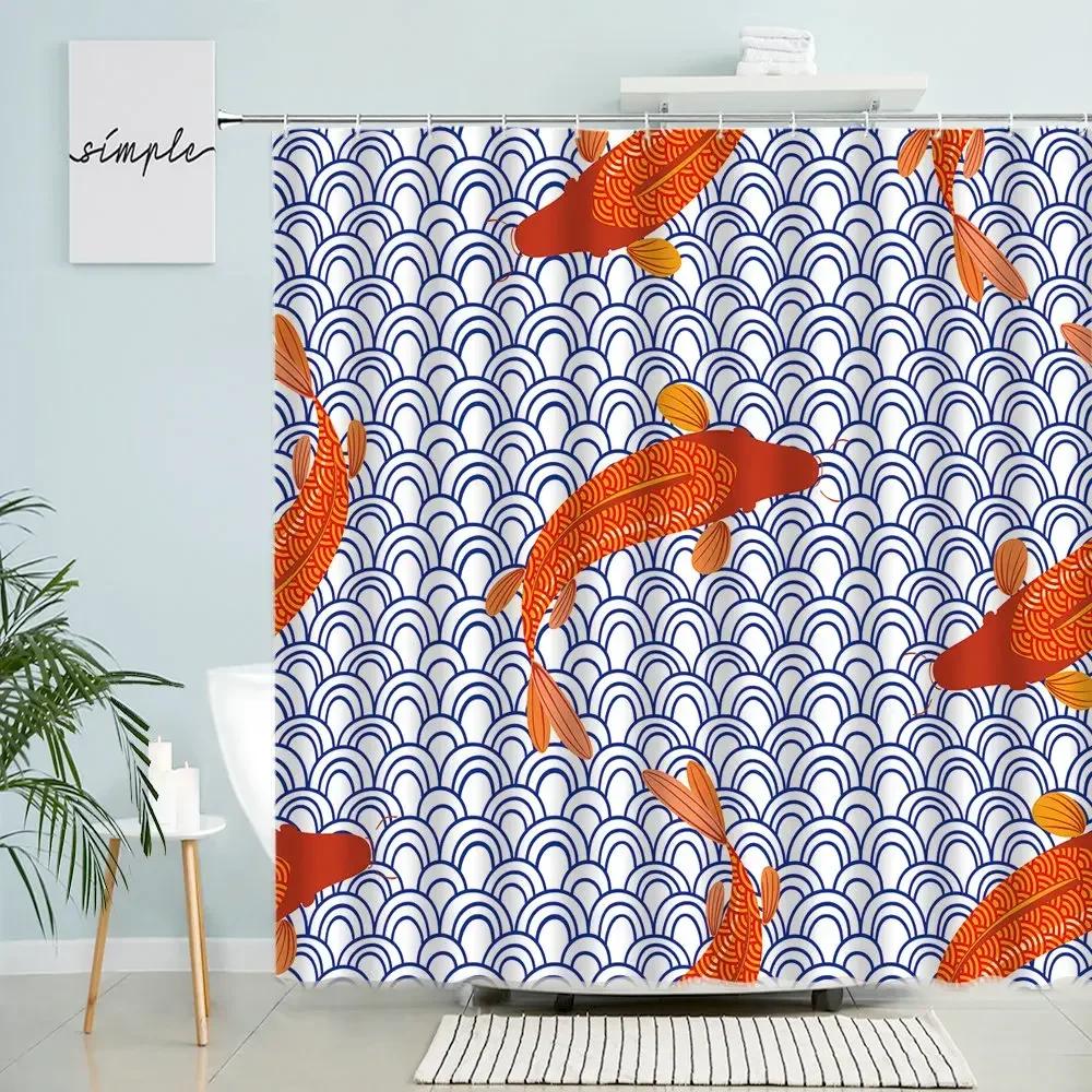Cartoon Ocean Wave Shower Curtain Mediterranean Sea Navigation Abstract Creative Theme Kid Bathroom Waterproof Screen Home Decor