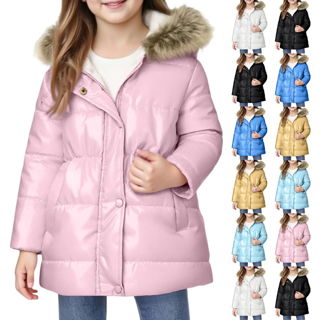 Girls' Solid Color Long Hooded With Faux  Trim - Winter Warm Coat