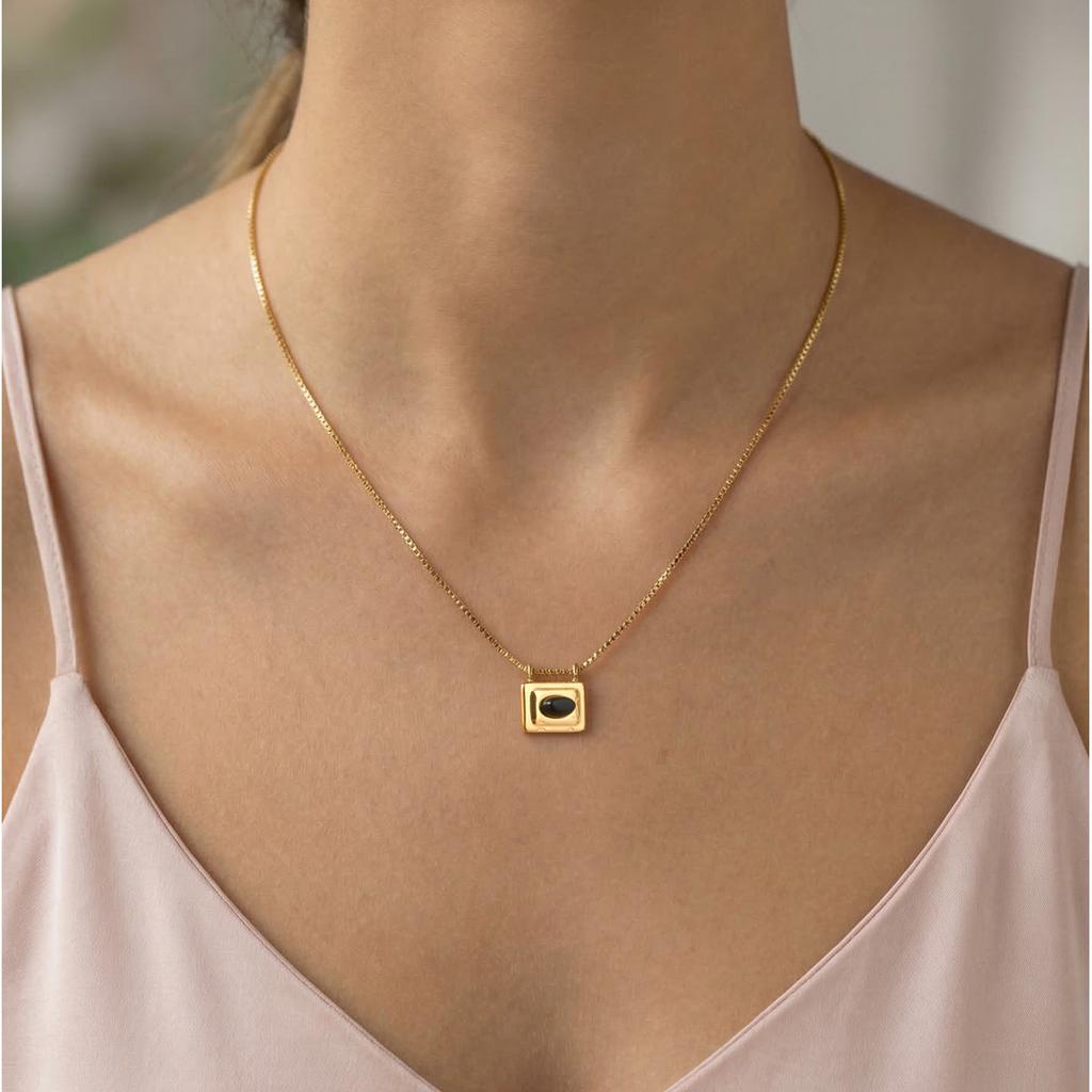 Square Pendant Necklace Stainless Steel Natural Stone Inlay Box Chain for Women Vintage Healing Jewelry Waterproof
