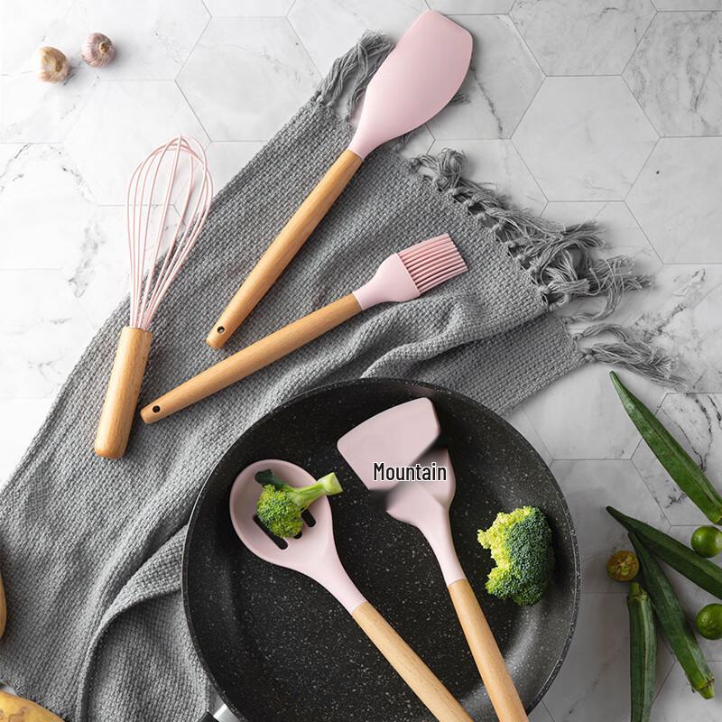 ZISIZ Rosa Silikon Küchenutensilien-Set mit Buchenholzgriff