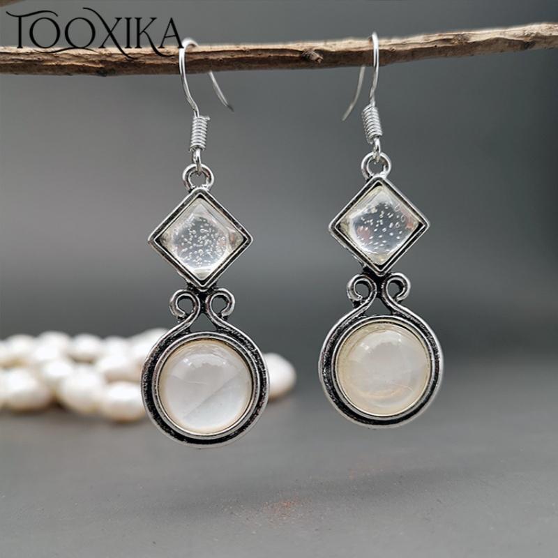 

Tooxika Ретро женские серьги Креативные тайские серебряные лунные камни Длинные серьги-крючки