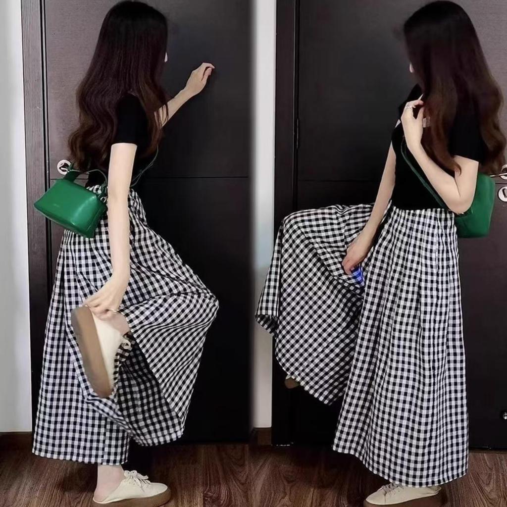 Last Piece: Cut Label Fake Two-Piece T-Shirt & Wide-Leg Skirt Pants Set