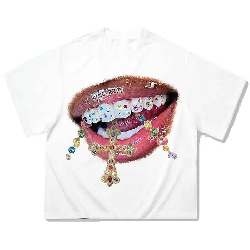 Labbra Chic Denti Dorati Vintage T-shirt Rock Goth Casual Estiva Manica Corta High Street Oversize T-shirt Harajuku Stampa Grafica