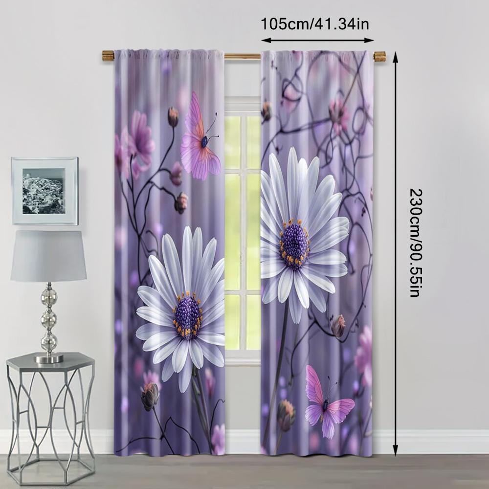 2pcs Romantic Purple Daisy Print Curtains Butterfly and Flower Pattern Polyester Window Drapes for Living Room Bedroom Decor