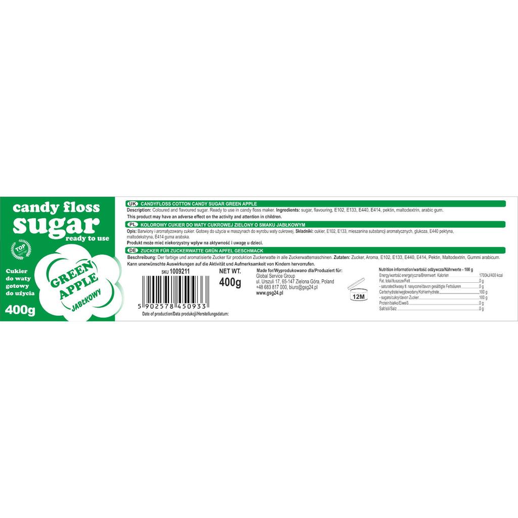 Colored cotton candy sugar, green, apple flavor, 400g