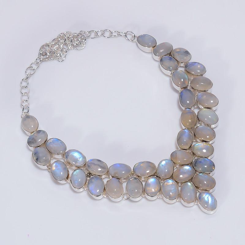 

Amazing Top Grade Qualite 100% Natural Rainbow Moonstone Oval Shape Ethnic Style Handmade Jewelry 925 Steling Silver Necklace 19 WSJ-5133 срібний