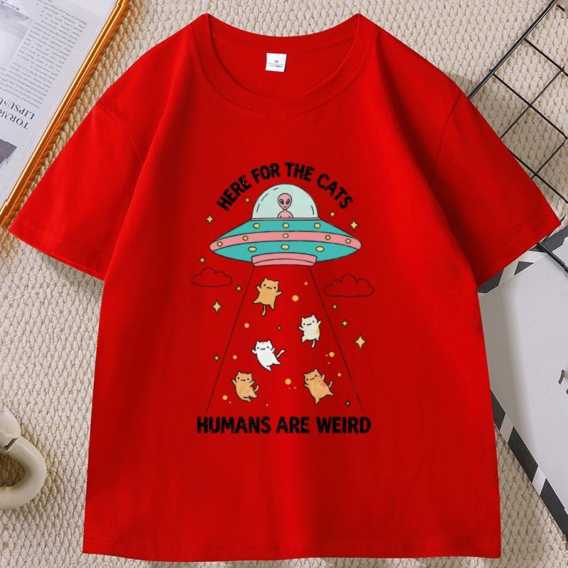 Funny Cat TShirt Here for The Cats HuUnisexs Are Weird Tshirt Vintage Cartoon Tee Alien UFO Cat Lover Graphic Unisex T Shirt S