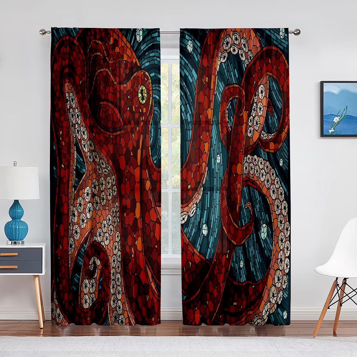 

Ocean Kraken Blue Octopus Tentacles Marine Life Тюлеві штори для вітальні Спальня Прозора вуаль Віконні штори Партьєри 1 PCS W150XH250cm&Rod Pocket