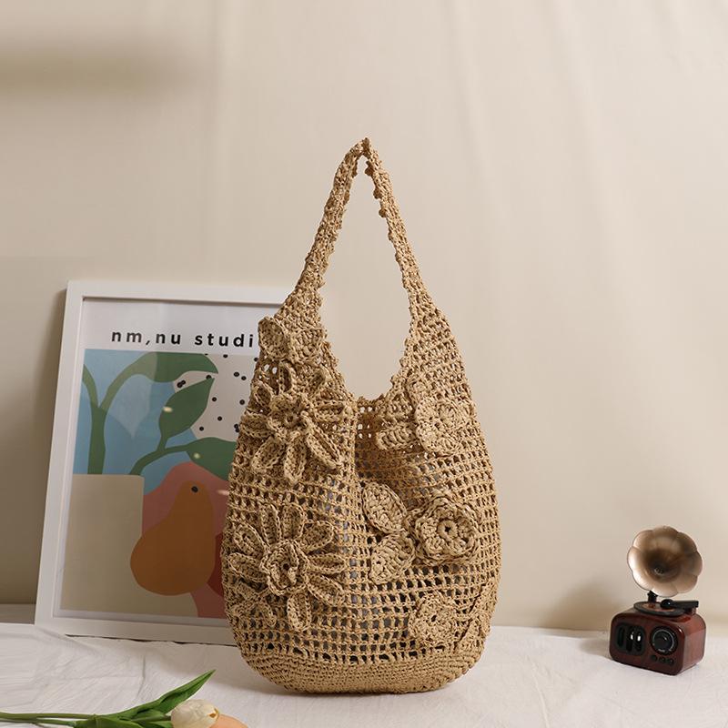 Bohemian Blume Strandtasche Hohl Gewebte Umhängetaschen für Damen Rose Häkeln Strohtasche Meeresblumen Strick Shopper Tasche Hobos