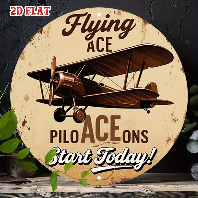 D Flat Vintage Airplane Metal Sign Retro Flying Ace Biplane Wall Art Rustic Pilot Gift Tin Plaque Aeronautical Decor for Gar 20x20cm(8x8inch)