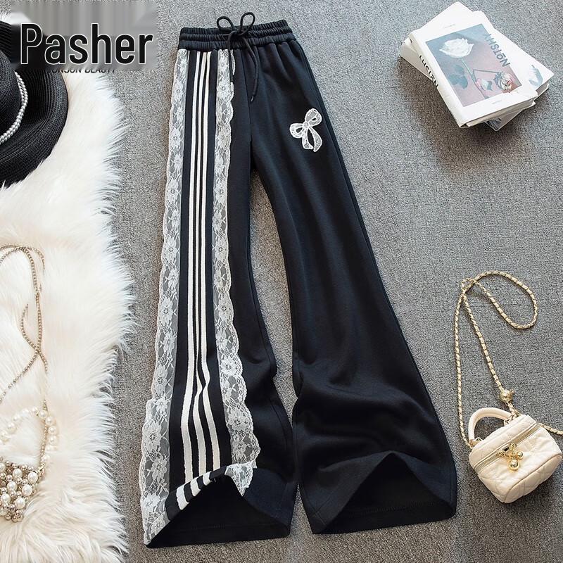 

Women s Elastic Waist Lace & Bow Wide-Leg Pants L