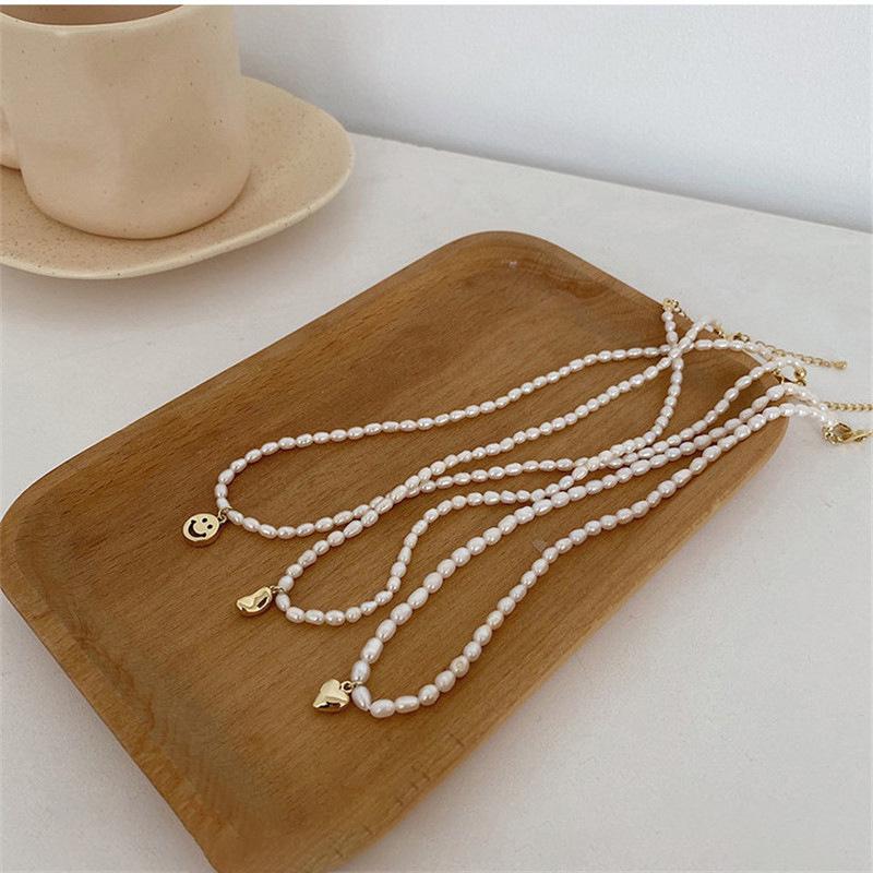 French Retro Freshwater Pearl Smiley Heart Pendant Necklace - Korean Style Women's Choker