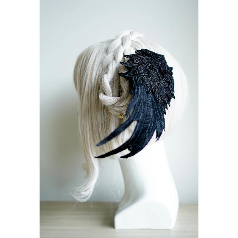 Handmade Cosplay Gothic Lolita Angel Wings Hairpin Demon Headdress Harajuku Horns Embroidery Feather Hair Clip Anime Accessories