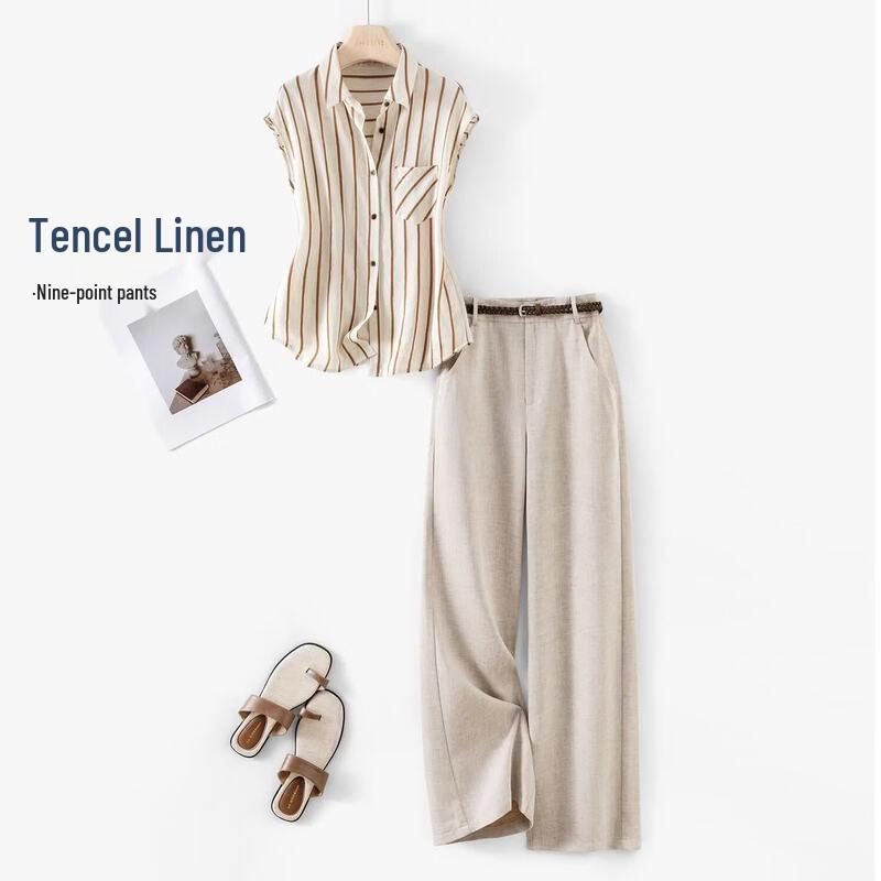 IHIMI Lyocell Linen Stripe Shirt & Cropped Pants Set XL