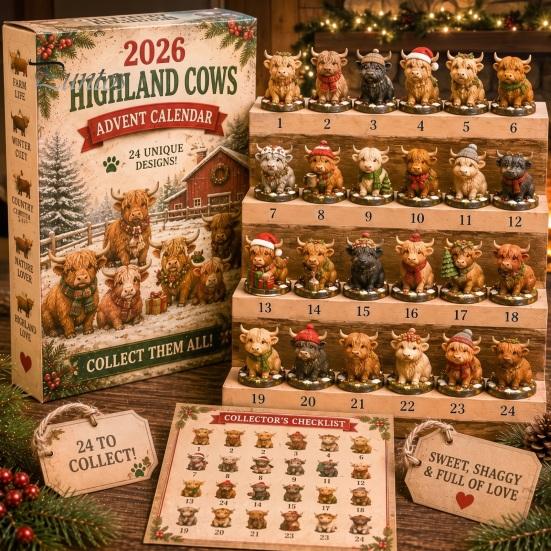 24-Tage-Countdown-Box Hochlandrind Adventskalender 2026, Weihnachten mit Acryl 2D Rinderliebhaber Geschenk Mini-Figur, Bauernhoftier Baumhänge-Dekoration für