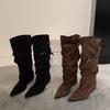 ~ Retro pointed thick heel knight boots women's new belt buckle western pleated long tube stacking boots