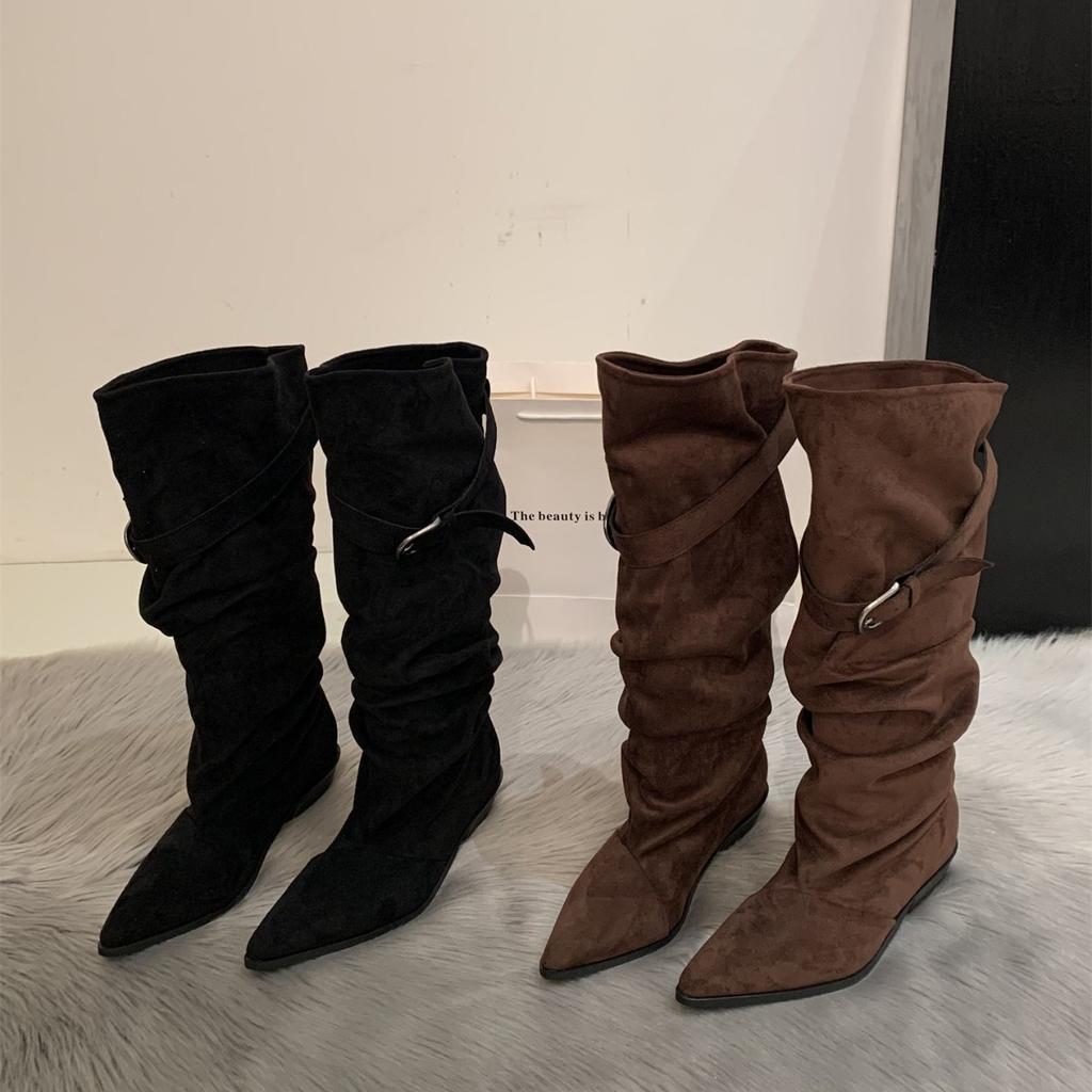 ~ Retro pointed thick heel knight boots women's new belt buckle western pleated long tube stacking boots