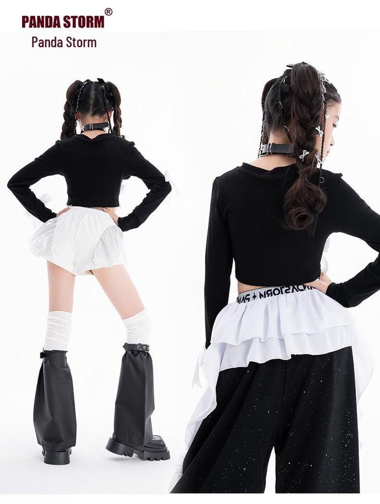 Ținută de Dans Jazz pentru Copii: Set Tricou cu Mânecă Lungă și Pantaloni cu Fundă Dulce și Cool pentru Spectacole pe Stradă