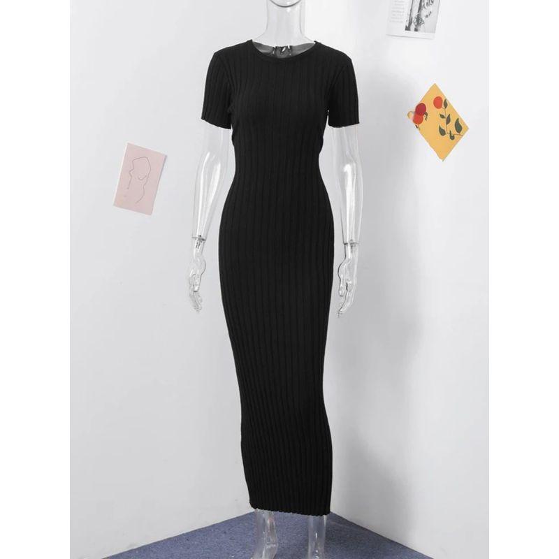 Waist Cinched round Neck Knit Long Skirt Waist Hugging round Neck Knitted Long dress