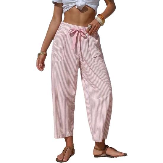 Summer Pants, Casual Wide Leg Trousers for Women, Elastic Drawstring Waist Long Trousers with Striped Print, for Everyday Wear