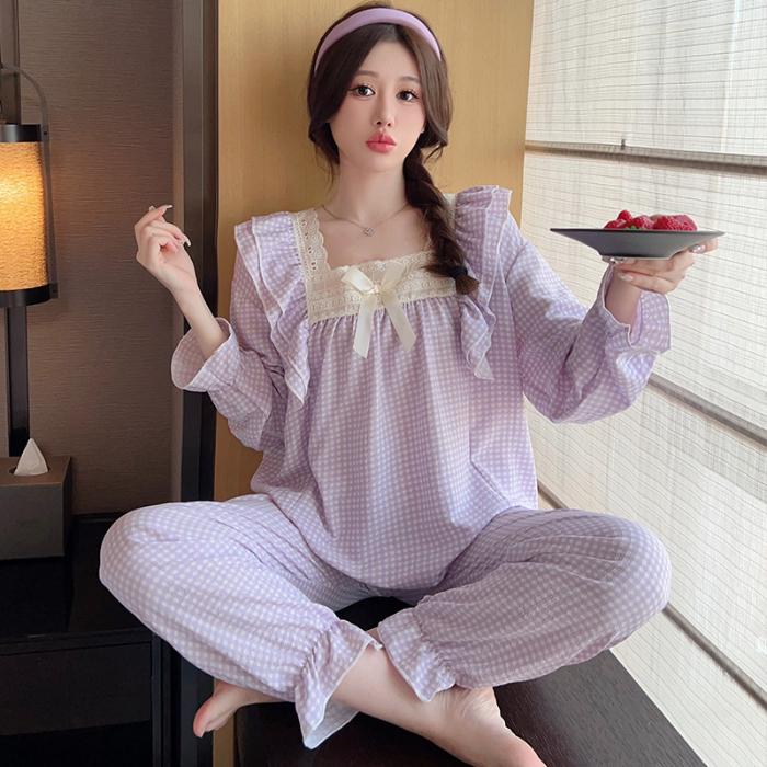 

Пижама больших размеров женская с принтом вишни комплект одежды для сна с длинным рукавом и брюками с оборками домашняя одежда приятная для кожи дышащая 5XL