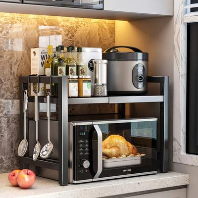Prateleira Expansível para Micro-ondas, Suporte para Micro-ondas com 6 Ganchos, Rack de Armazenamento de Cozinha, Rack para Assar no Micro-ondas, Expansível 40-64cm