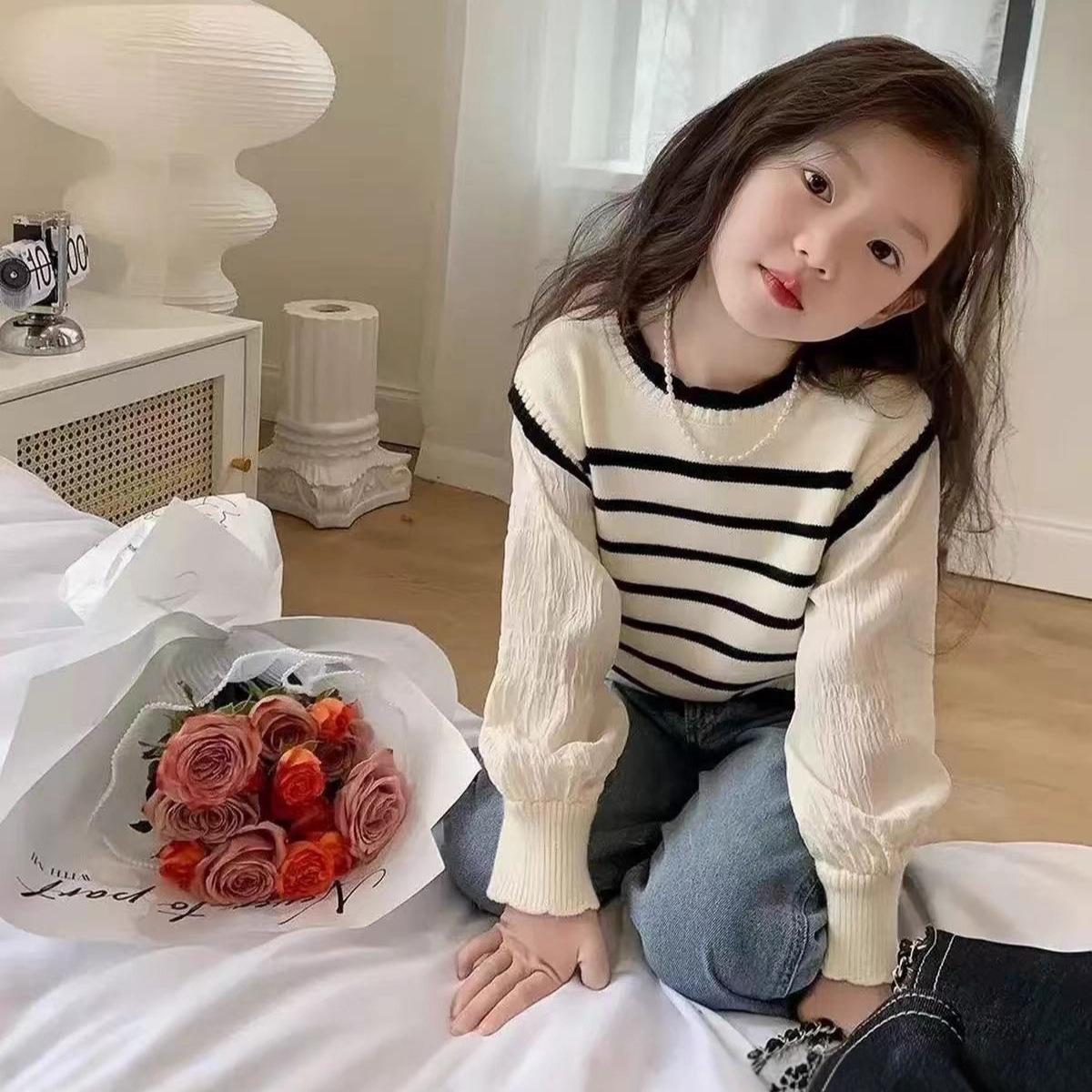 Girls Autumn Classic Striped Puff Sleeve Knit Sweater Princess Versatile Long Sleeve Top Kids Clothing 90