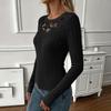 Women V Neck Lace Trim Ribbed Knit Long Sleeve Top Slim Fit Casual Pullover Sweater Lightweight Stretchy Fabric