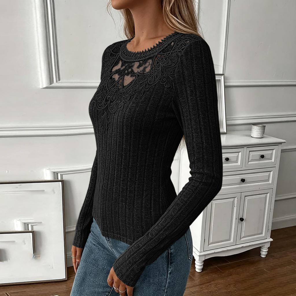Women V Neck Lace Trim Ribbed Knit Long Sleeve Top Slim Fit Casual Pullover Sweater Lightweight Stretchy Fabric