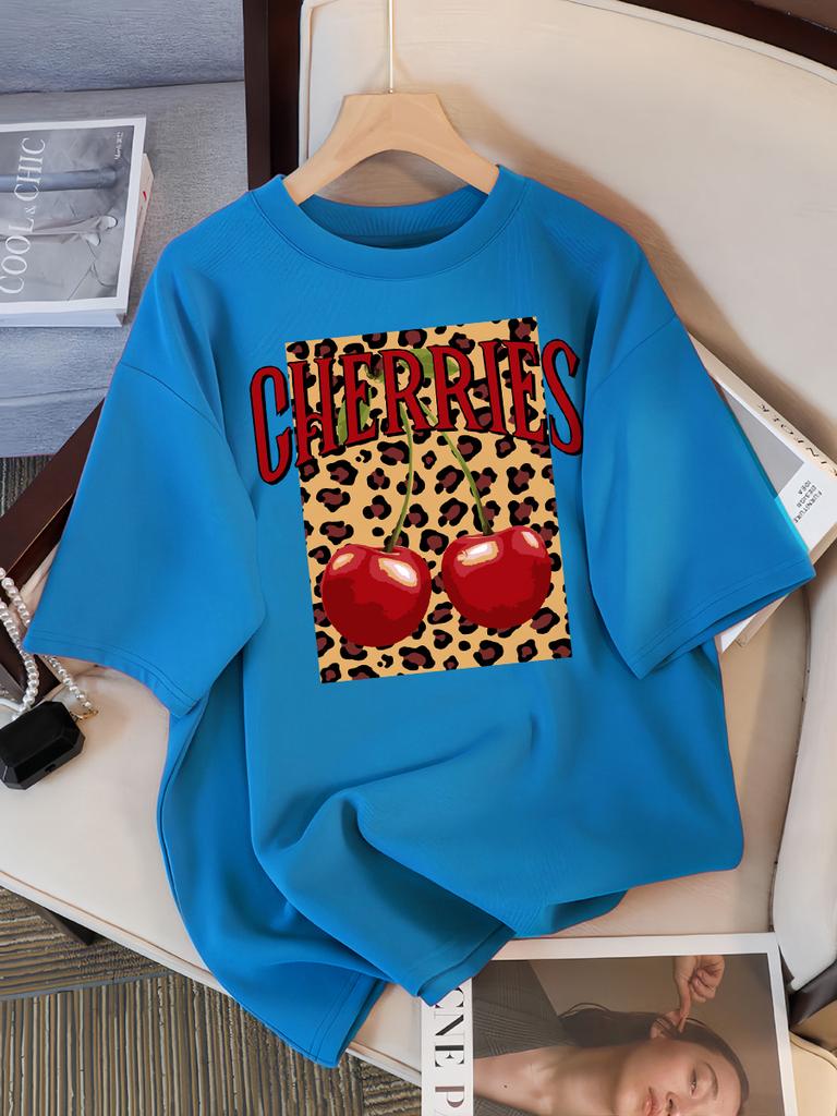 Leopard Cherry Creative Design Womens Tee Shirts Cotton Casual T Shirt Summer O-Neck Streetwear Soft Oversized Short Sleeve