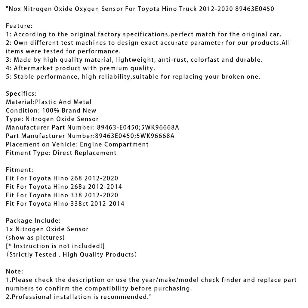 Nox Nitrogen Oxide Oxygen Sensor For Toyota Hino Truck 2012-2020 89463E0450