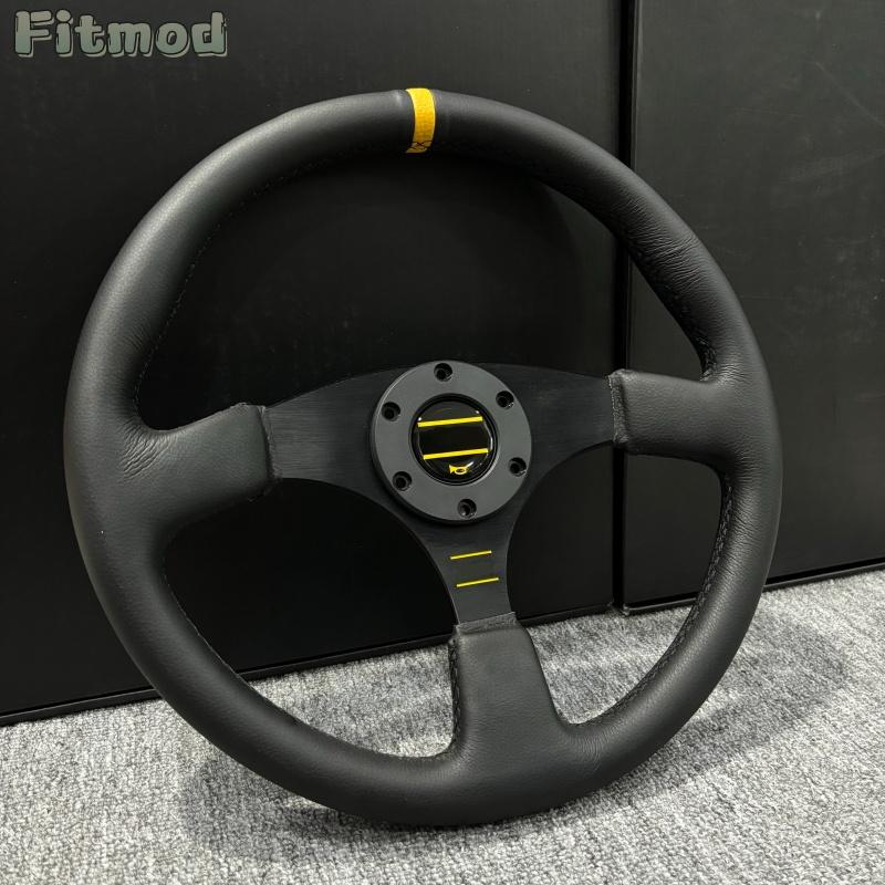 JDM 14-inch 350MM Racing Modified Leather Steering Wheel, Flat Drift Sports Game Steering Wheel PCD70MM