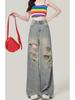 Plus Size High Waist Wide-Leg Ripped Jeans for Women - Summer 2025 New Arrivals, Slimming Drape, Floor-Length Pants for Chubby Girls