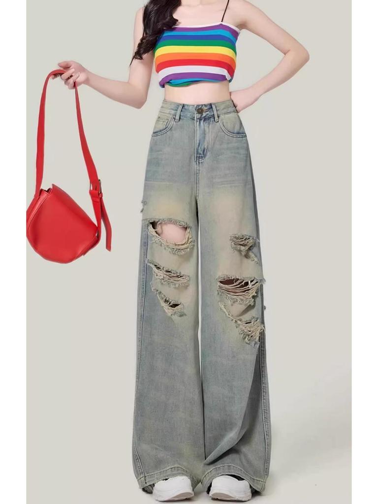 Plus Size High Waist Wide-Leg Ripped Jeans for Women - Summer 2025 New Arrivals, Slimming Drape, Floor-Length Pants for Chubby Girls