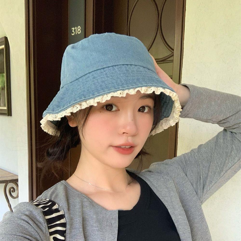 Big Brimmed Denim Bucket Hat Sunscreen Panama Hat Fashion Lace Fisherman Hat Women