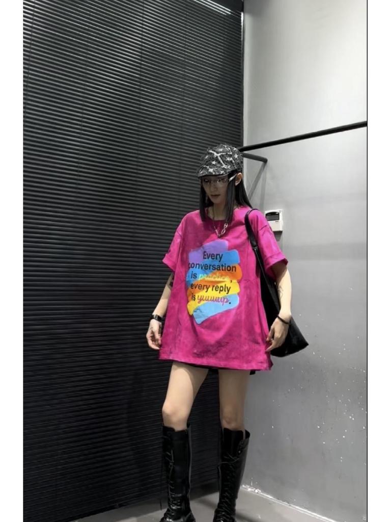 Women's European Style Tie-Dye Rainbow Letter Print Loose T-Shirt - Spring Mid-Length Top