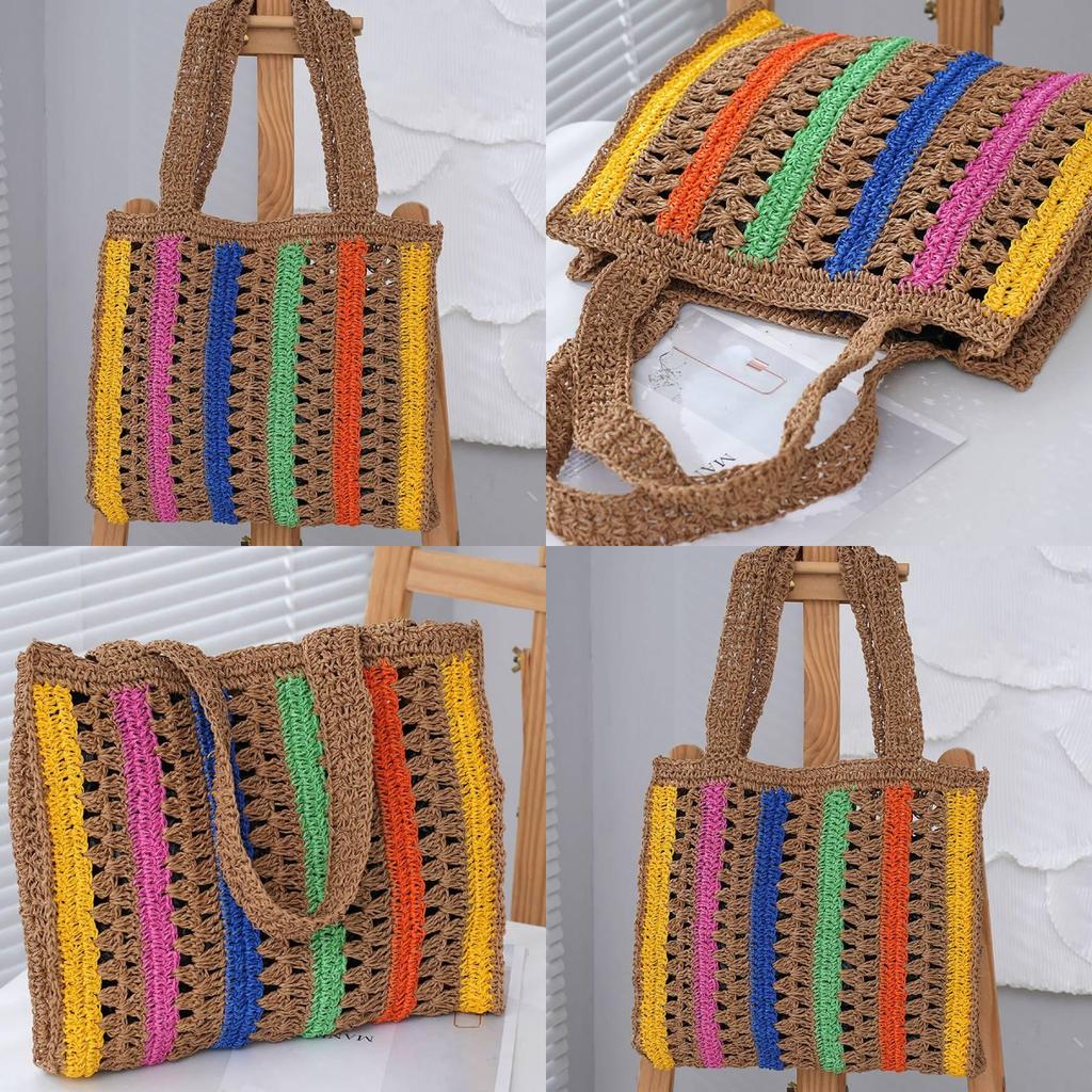 Cotton Rope Tote Bag With Openwork Stripes For Casual Daily Use