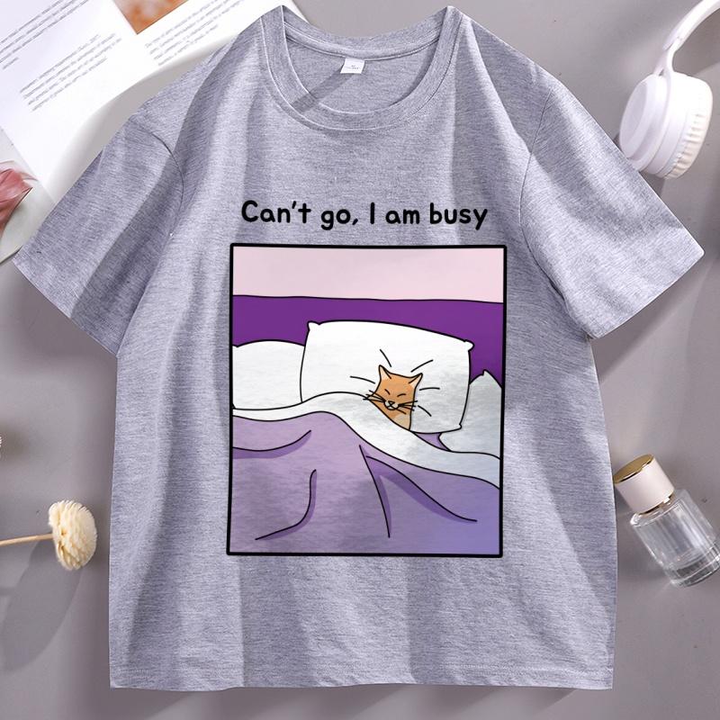 Sorry Cant I Am Busy T Shirt Soft Sleepy Funny Cat Cotton Tshirt Unisex Women Loose Japanese Aesthetic Tshirt Male Clothes