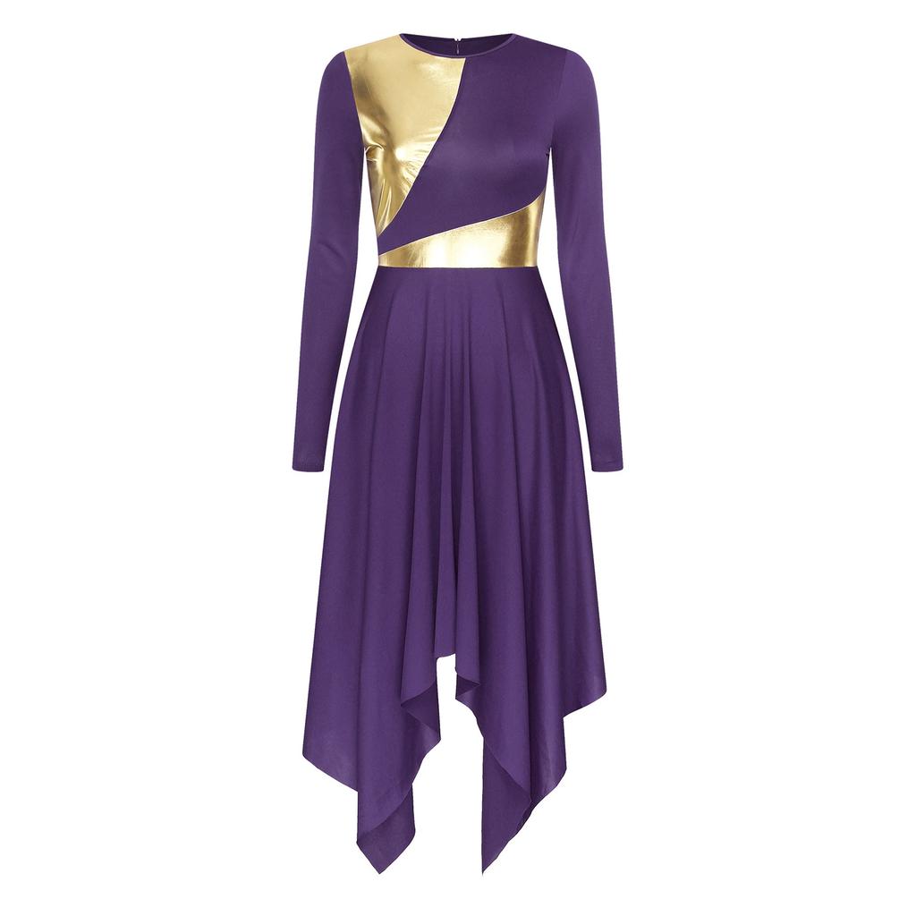 Womens Worship Dance Dress Metallic Color Block Long Sleeve Irregular Hem Liturgical Performance Costume for Church