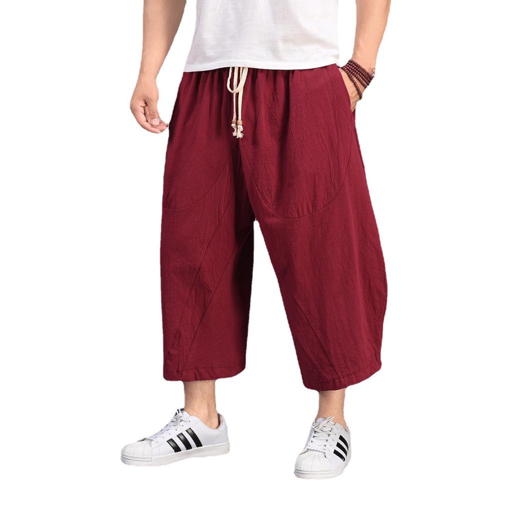 Summer new men's large-size cropped pants Chinese cotton and linen loose Harlan pants linen wide-leg pants